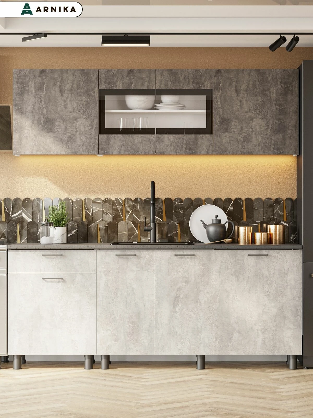 ARNIKA Кухонный гарнитур "КГ 9" (2,0м) Белый/Цемент темный/Цемент светлый/Черный, 60х200х214 см